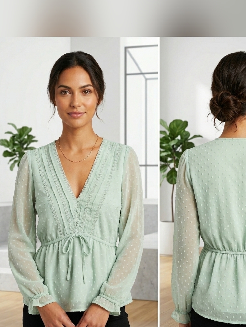Japna Mint Green Swiss Dot V-Neck Peasant Blouse